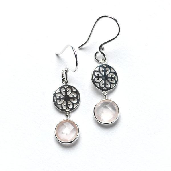 Southern Gates: Sterling silver dangle scroll earrings with rose quartz