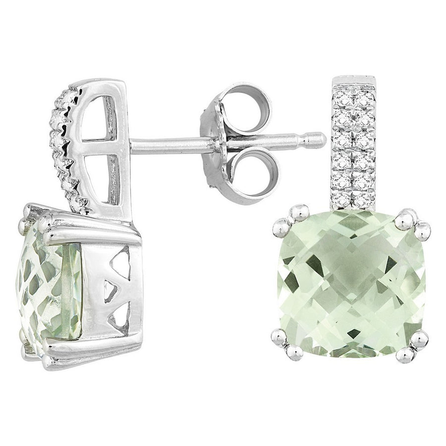 Sterling silver cushion green amethyst with white topaz earrings