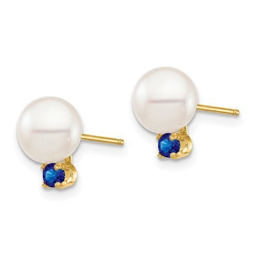 14kt yellow gold 7mm white freshwater pearl with sapphire stud earrings