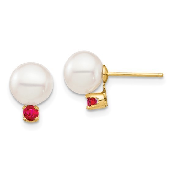 14kt yellow gold 7mm white freshwater pearl with ruby stud earrings