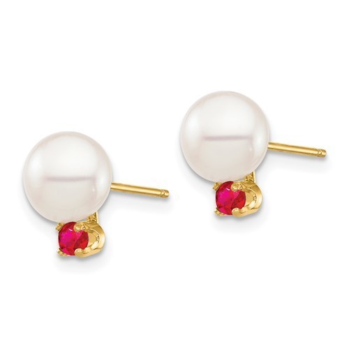 14kt yellow gold 7mm white freshwater pearl with ruby stud earrings
