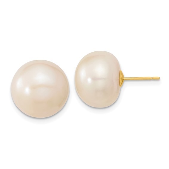 14k yellow gold 13-14mm white button freshwater pearl post earrings