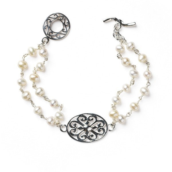 Southern Gates: Sterling Silver and freshwater pearl scroll center bracelet