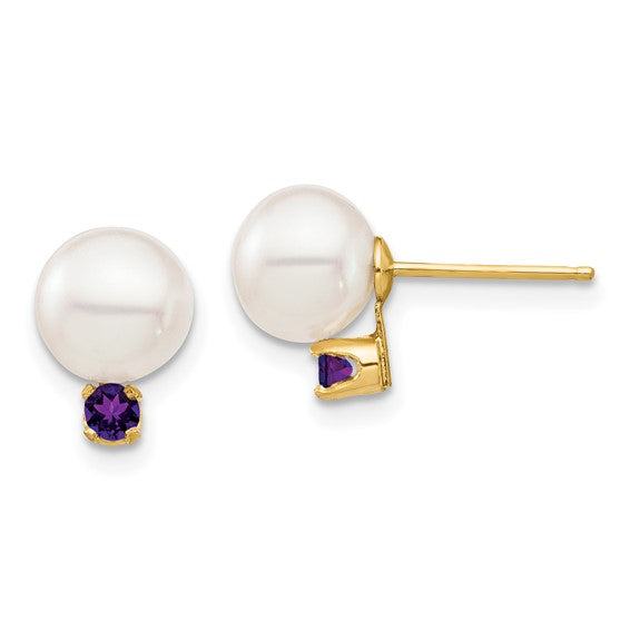 14kt yellow gold 7mm white freshwater pearl with amethyst stud earrings
